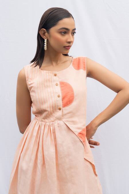 Rivi_Peach Bamboo, Hemp Embroidery, Patchwork Round Neck Abloom A-line Dress _Online_at_Aza_Fashions