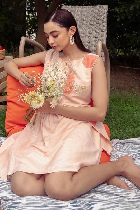 Buy_Rivi_Peach Bamboo, Hemp Embroidery, Patchwork Round Neck Abloom A-line Dress _Online_at_Aza_Fashions