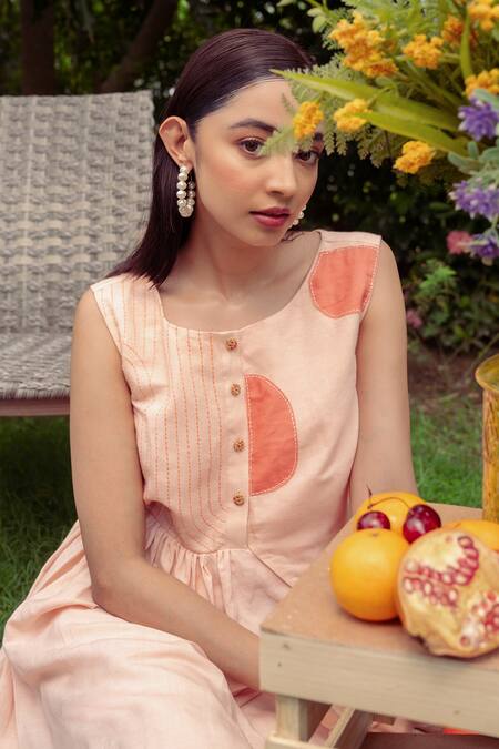 Rivi_Peach Bamboo, Hemp Embroidery, Patchwork Round Neck Abloom A-line Dress _at_Aza_Fashions