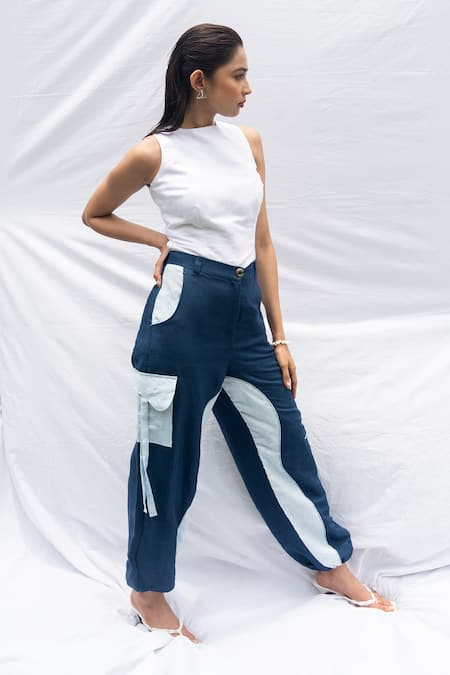 Rivi_White Hemp Patchwork Round Neck Azure Cutout Top With Joggers _Online_at_Aza_Fashions
