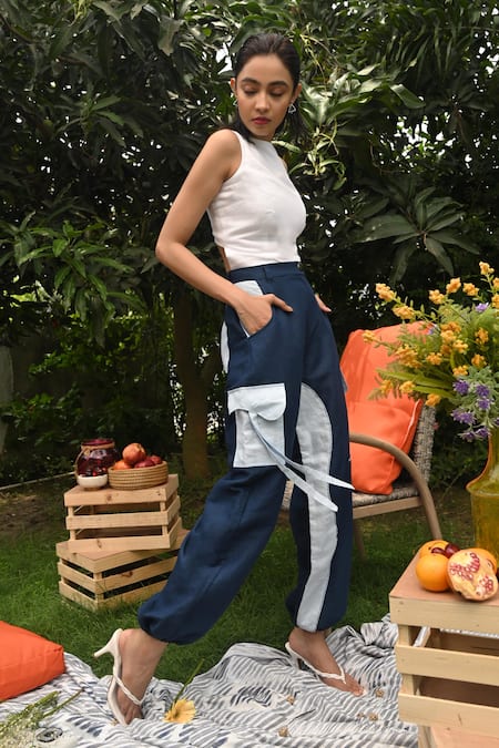 Shop_Rivi_White Hemp Patchwork Round Neck Azure Cutout Top With Joggers _Online_at_Aza_Fashions