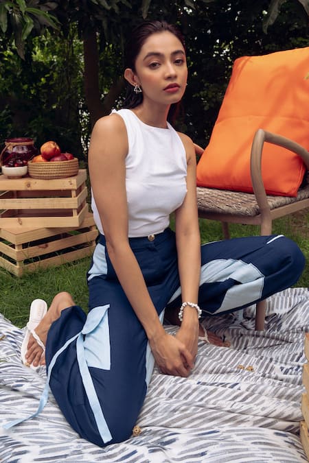 Rivi_White Hemp Patchwork Round Neck Azure Cutout Top With Joggers _at_Aza_Fashions