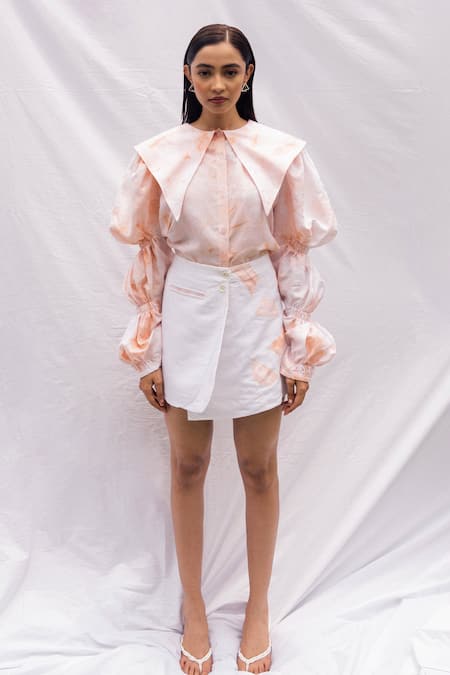 RIVI Pink Hemp Embroidered Patchwork Collar Blush Shirt With Wrap Skirt 