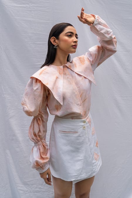 Rivi_Pink Bamboo, Hemp Embroidery Collared Blush Shirt With Wrap Skirt _Online_at_Aza_Fashions