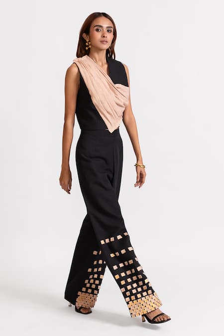 Shop_Rivi_Black Bamboo, Hemp Patchwork V-neck Champagne Chic Draped Top With Pant _Online_at_Aza_Fashions