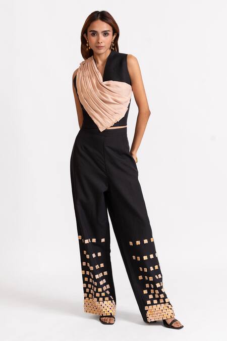 Rivi_Black Bamboo, Hemp Patchwork V-neck Champagne Chic Draped Top With Pant _at_Aza_Fashions
