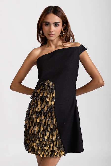 RIVI Black Hemp Patchwork One-shoulder Disco Dust Dress 