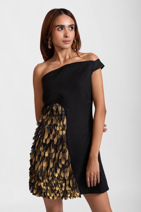 Buy_Rivi_Black Bamboo, Hemp Feathers One Shoulder Disco Dust Dress_Online_at_Aza_Fashions