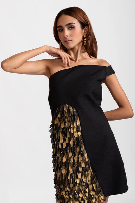 Shop_Rivi_Black Bamboo, Hemp Feathers One Shoulder Disco Dust Dress_Online_at_Aza_Fashions