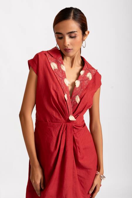 Shop_Rivi_Red Hemp Embroidered Thread Lapel Collar Ember Embellished Blazer Dress_Online_at_Aza_Fashions