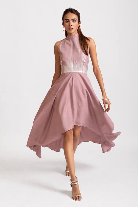 Rivi_Pink Bamboo, Hemp Beads Halter Neck Frosted Whispers Dress _Online_at_Aza_Fashions