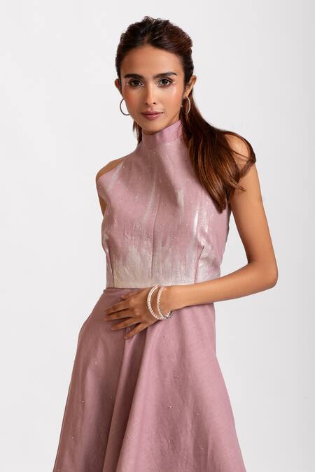 Buy_Rivi_Pink Bamboo, Hemp Beads Halter Neck Frosted Whispers Dress _Online_at_Aza_Fashions