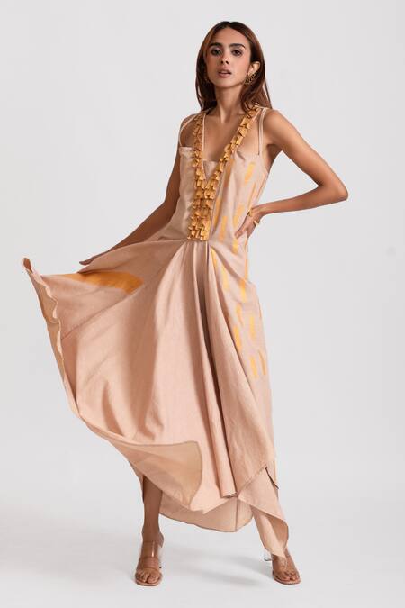 Rivi_Beige Hemp, Cotton V-neck Golden Hour Gala Asymmetric Dress _Online_at_Aza_Fashions