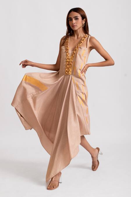 Buy_Rivi_Beige Hemp, Cotton V-neck Golden Hour Gala Asymmetric Dress _Online_at_Aza_Fashions