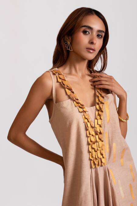 Shop_Rivi_Beige Hemp, Cotton V-neck Golden Hour Gala Asymmetric Dress _Online_at_Aza_Fashions