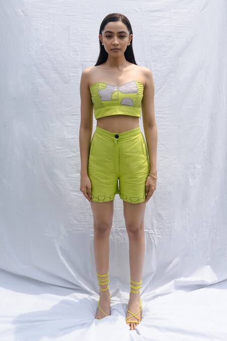 Buy_Rivi_Green Bamboo, Hemp Embroidery, Patchwork Sweetheart Grove Corset With Shorts 