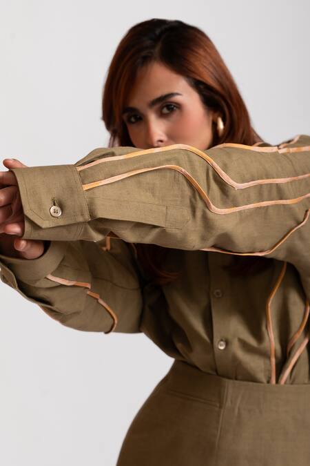 Rivi_Green Bamboo, Hemp Embroidery Collared Liquid Lusture Shirt With Skirt _Online_at_Aza_Fashions