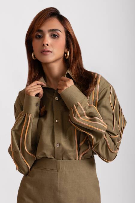 Buy_Rivi_Green Bamboo, Hemp Embroidery Collared Liquid Lusture Shirt With Skirt _Online_at_Aza_Fashions