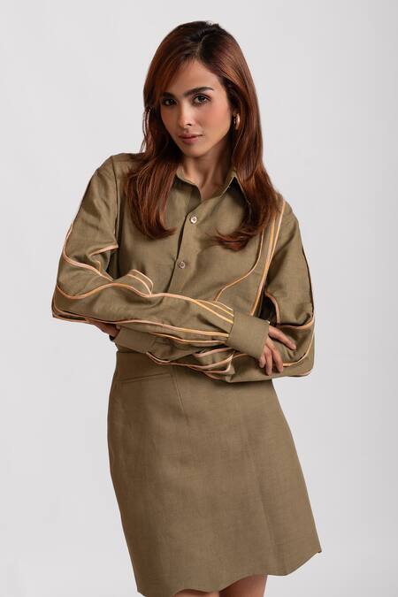 Shop_Rivi_Green Bamboo, Hemp Embroidery Collared Liquid Lusture Shirt With Skirt _Online_at_Aza_Fashions