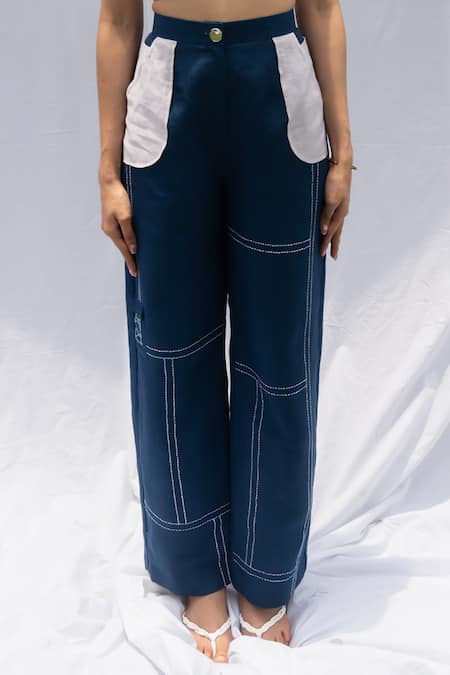 Buy_Rivi_Blue Hemp Embroidery, Patchwork Asymmetric Lupine Corset With Pant _Online_at_Aza_Fashions