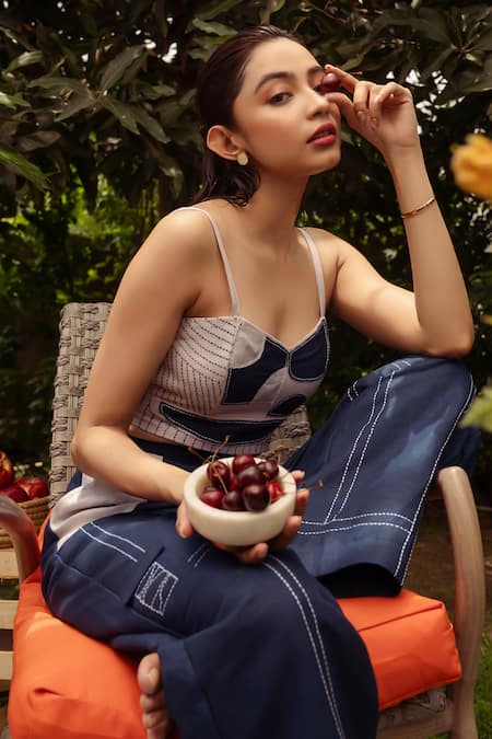 Rivi_Blue Hemp Embroidery, Patchwork Asymmetric Lupine Corset With Pant _at_Aza_Fashions