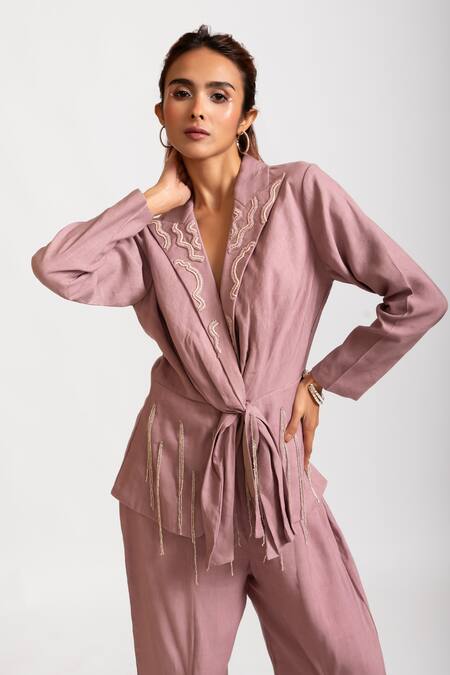 Rivi_Purple Hemp Tassels, Embroidery Luxe And Lush Hand Collar Blazer With Pant _Online_at_Aza_Fashions