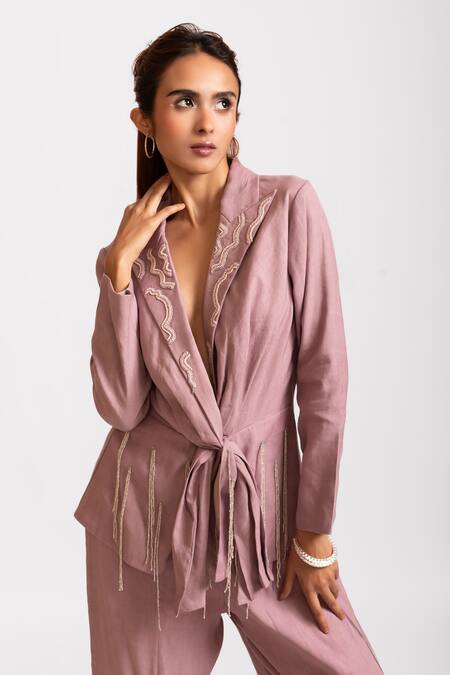 Buy_Rivi_Purple Hemp Tassels, Embroidery Luxe And Lush Hand Collar Blazer With Pant _Online_at_Aza_Fashions
