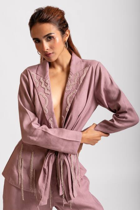 Rivi_Purple Hemp Tassels, Embroidery Luxe And Lush Hand Collar Blazer With Pant _at_Aza_Fashions