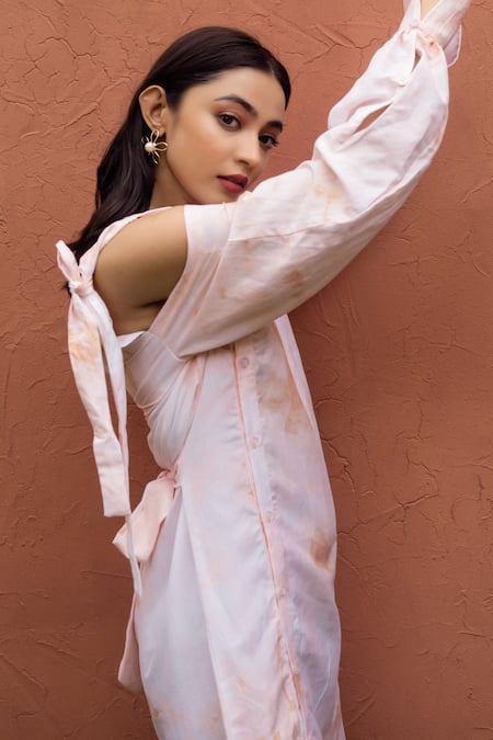 Shop Rivi Pink Hemp Printed Marble V Neck Rose Short Dress at Aza Fashions Shop_Rivi_Pink Hemp Printed Marble V Neck Rose Short Dress_at_Aza_Fashions