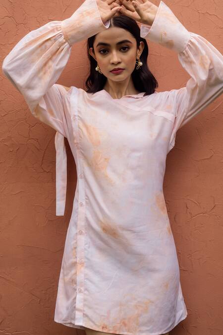 Shop Rivi Pink Hemp Printed Marble V Neck Rose Short Dress Online at Aza Fashions Shop_Rivi_Pink Hemp Printed Marble V Neck Rose Short Dress_Online_at_Aza_Fashions