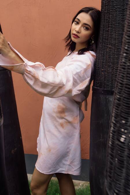 Rivi Pink Hemp Printed Marble V Neck Rose Short Dress at Aza Fashions Rivi_Pink Hemp Printed Marble V Neck Rose Short Dress_at_Aza_Fashions