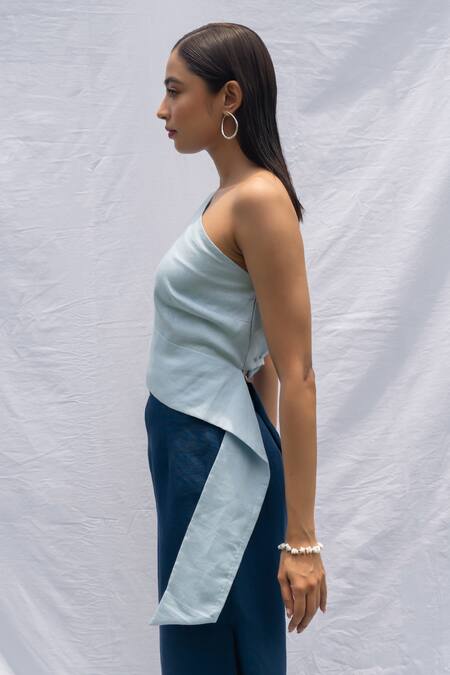 Buy_Rivi_Blue Bamboo, Hemp Asymmetric Mist One Shoulder Top With Pant _Online_at_Aza_Fashions