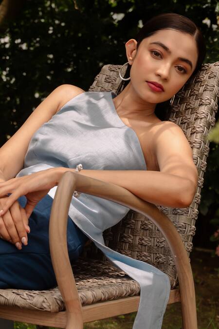 Rivi_Blue Bamboo, Hemp Asymmetric Mist One Shoulder Top With Pant _at_Aza_Fashions