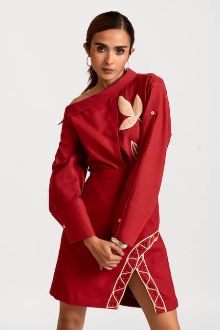 Rivi_Red Hemp, Cotton Embroidery Asymmetric Moon Light Meadow Hand Shirt With Skirt _Online_at_Aza_Fashions