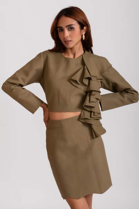 Rivi_Green Bamboo, Hemp Ruffles Round Neck Nocturnal Dream Detailed Top With Skirt _Online_at_Aza_Fashions