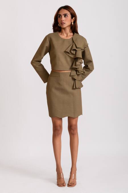 Buy_Rivi_Green Bamboo, Hemp Ruffles Round Neck Nocturnal Dream Detailed Top With Skirt _Online_at_Aza_Fashions