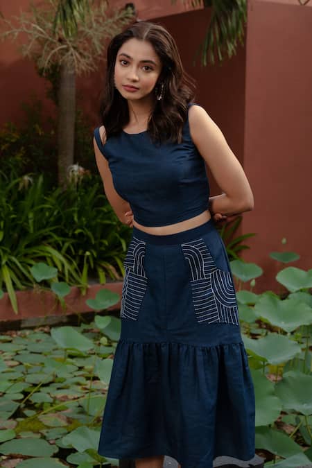 Rivi_Blue Bamboo, Hemp Embroidery Round Neck Oceanic Shoulder Cut-out Top With Skirt _Online_at_Aza_Fashions