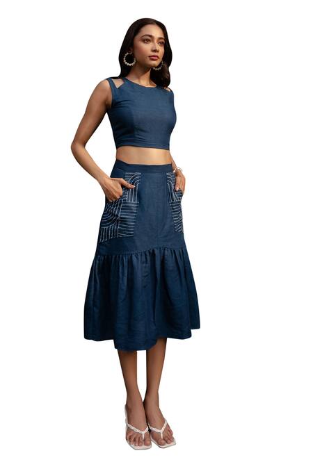 Shop_Rivi_Blue Bamboo, Hemp Embroidery Round Neck Oceanic Shoulder Cut-out Top With Skirt _Online_at_Aza_Fashions