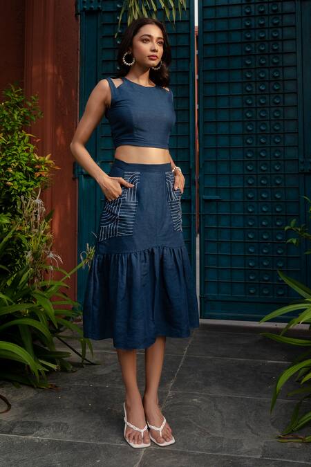 Rivi_Blue Bamboo, Hemp Embroidery Round Neck Oceanic Shoulder Cut-out Top With Skirt _at_Aza_Fashions