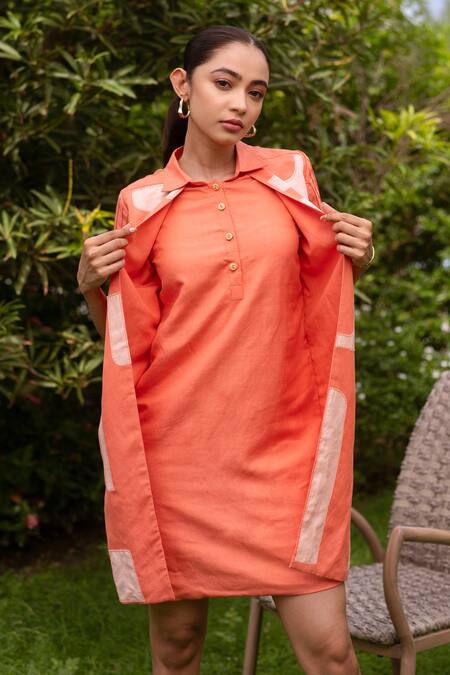 Rivi Peach Hemp, Cotton Embroidery, Patchwork Collared Work Detailed Layered Dress Online at Aza Fashions Rivi_Peach Hemp, Cotton Embroidery, Patchwork Collared Work Detailed Layered Dress _Online_at_Aza_Fashions
