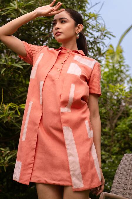 Buy Rivi Peach Hemp, Cotton Embroidery, Patchwork Collared Work Detailed Layered Dress Online at Aza Fashions Buy_Rivi_Peach Hemp, Cotton Embroidery, Patchwork Collared Work Detailed Layered Dress _Online_at_Aza_Fashions