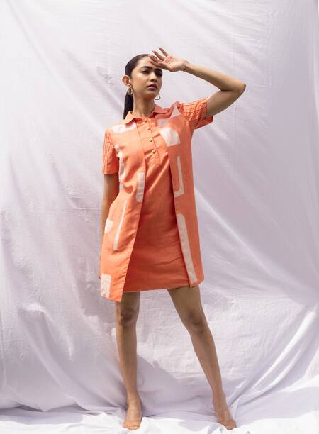 Shop Rivi Peach Hemp, Cotton Embroidery, Patchwork Collared Work Detailed Layered Dress Online at Aza Fashions Shop_Rivi_Peach Hemp, Cotton Embroidery, Patchwork Collared Work Detailed Layered Dress _Online_at_Aza_Fashions