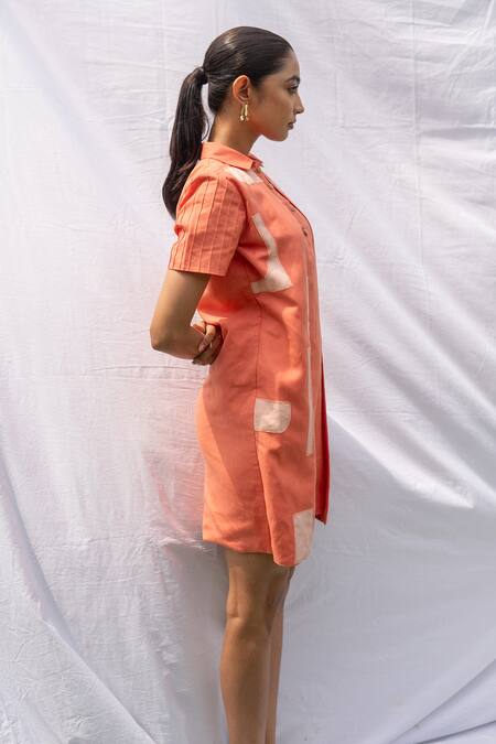 Rivi Peach Hemp, Cotton Embroidery, Patchwork Collared Work Detailed Layered Dress at Aza Fashions Rivi_Peach Hemp, Cotton Embroidery, Patchwork Collared Work Detailed Layered Dress _at_Aza_Fashions