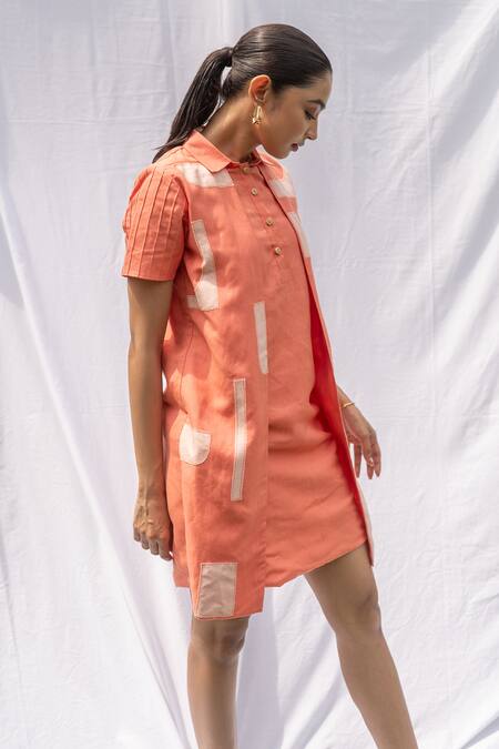Buy Rivi Peach Hemp, Cotton Embroidery, Patchwork Collared Work Detailed Layered Dress Buy_Rivi_Peach Hemp, Cotton Embroidery, Patchwork Collared Work Detailed Layered Dress
