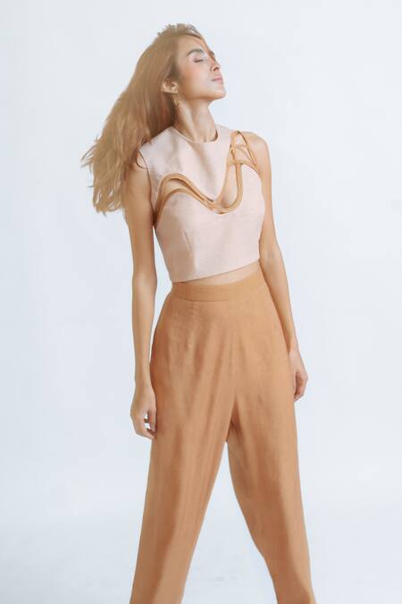 Rivi_Beige Bamboo, Hemp Cut Work Asymmetric Rebel Reign Detailed Top With Pant _Online_at_Aza_Fashions
