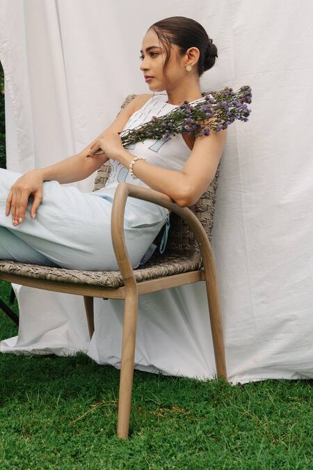 Rivi_White Bamboo, Hemp Embroidery High Neck Serene Asymmetric Top With Pant _Online_at_Aza_Fashions