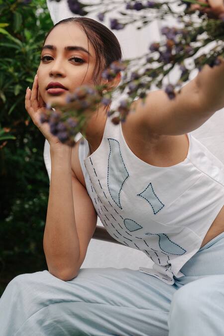 Buy_Rivi_White Bamboo, Hemp Embroidery High Neck Serene Asymmetric Top With Pant _Online_at_Aza_Fashions