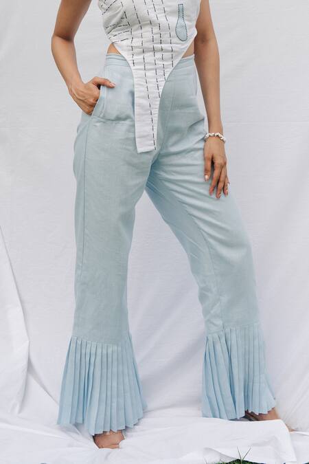 Shop_Rivi_White Bamboo, Hemp Embroidery High Neck Serene Asymmetric Top With Pant _Online_at_Aza_Fashions