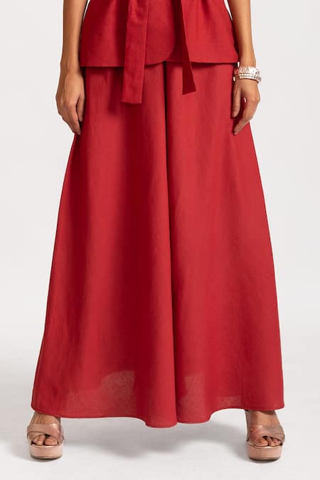 Rivi_Red Hemp Beads Sweetheart Neck Spotlight Stealer Blazer Pant Set _Online_at_Aza_Fashions