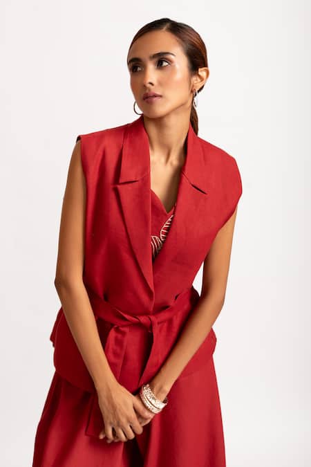 Shop_Rivi_Red Hemp Beads Sweetheart Neck Spotlight Stealer Blazer Pant Set _Online_at_Aza_Fashions